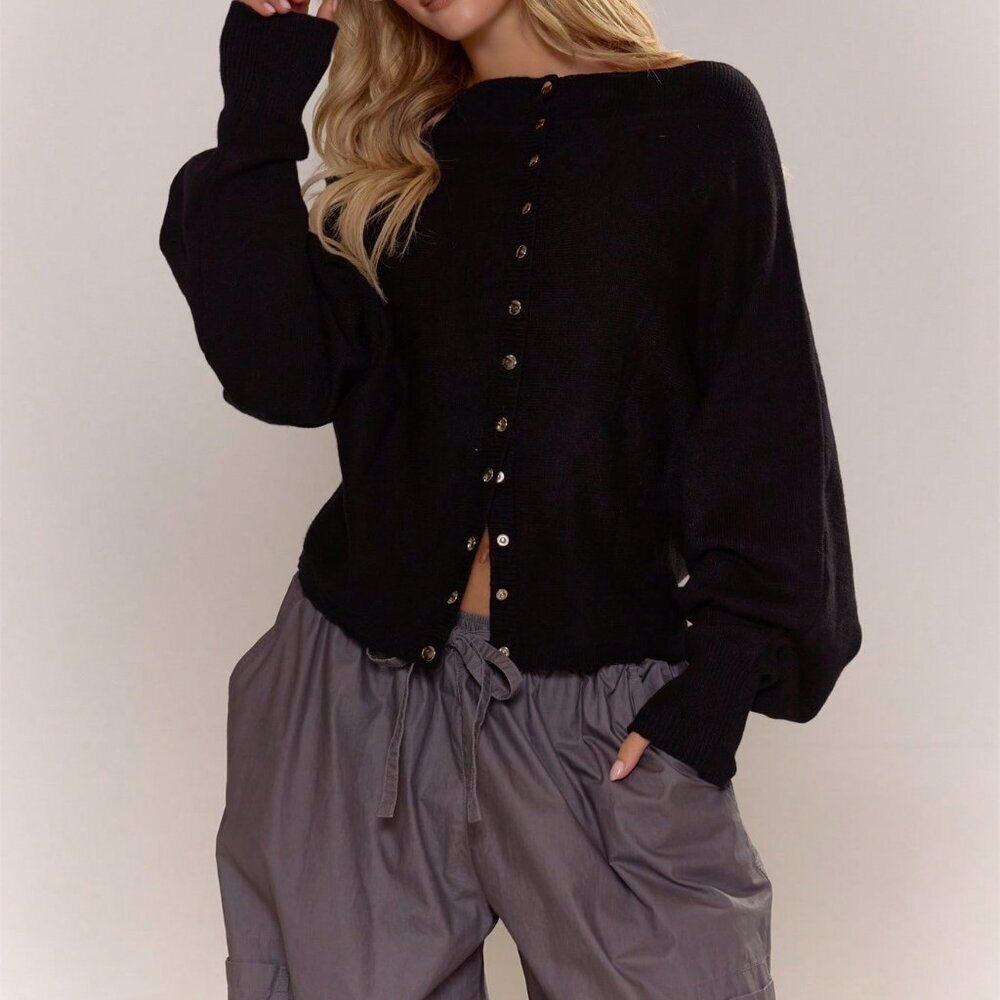 Black Casual Women Boat Neck Baggy Batwing Knit Sweater